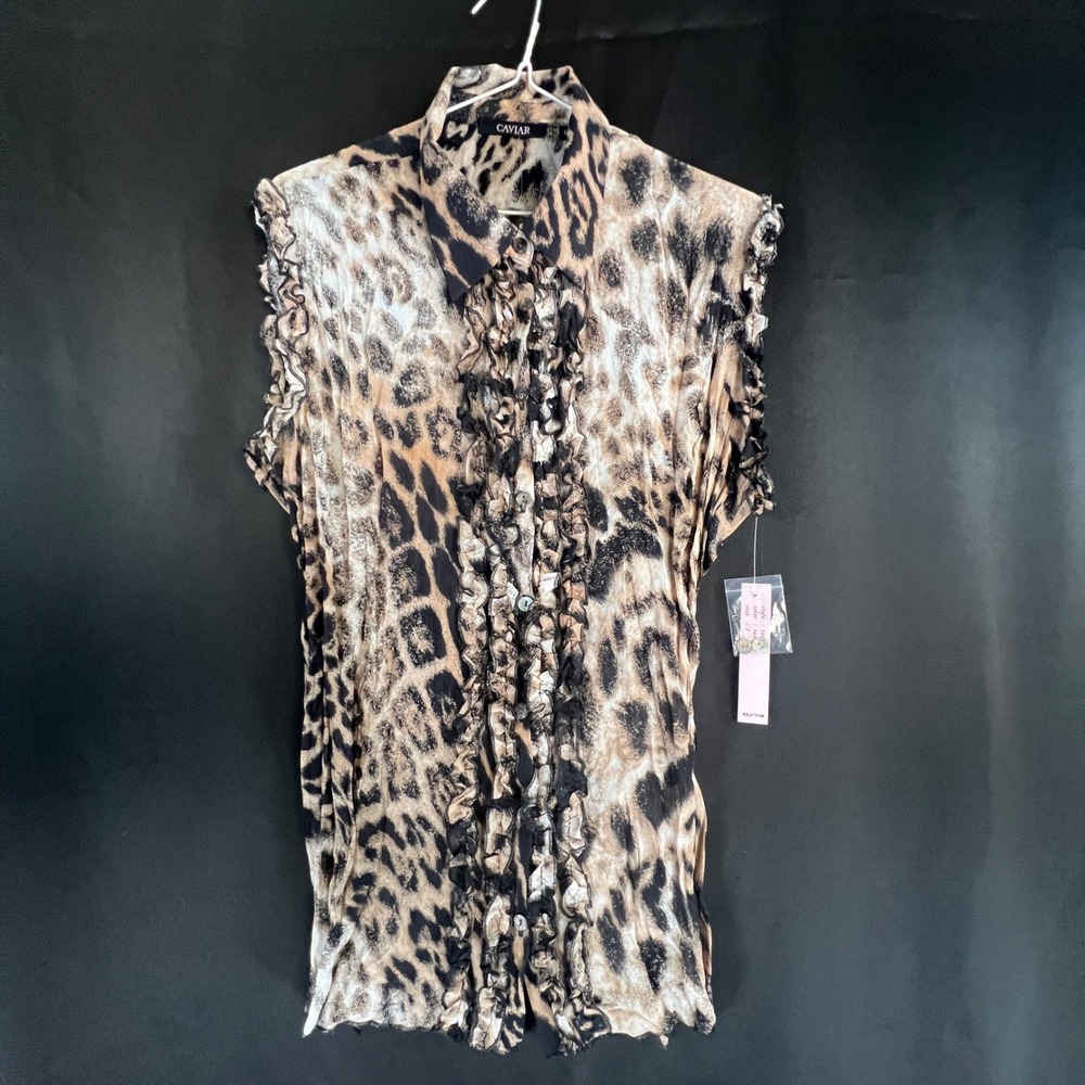 Caviar Leopard Print Ruffle Crinkle Blouse Tan Black Sleeveless Top 16084 Large